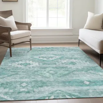 3' X 5' Aqua Turquoise And Ivory Southwestern Washable Indoor Outdoor Area Rug