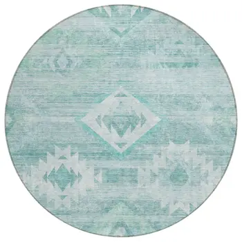8' Aqua Turquoise And Ivory Round Southwestern Washable Indoor Outdoor Area Rug