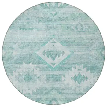 8' Aqua Turquoise And Ivory Round Southwestern Washable Indoor Outdoor Area Rug