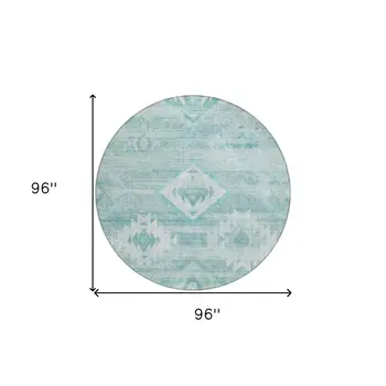 8' Aqua Turquoise And Ivory Round Southwestern Washable Indoor Outdoor Area Rug