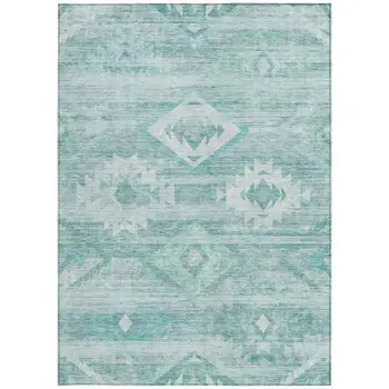 8' X 10' Aqua Turquoise And Ivory Southwestern Washable Indoor Outdoor Area Rug