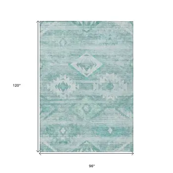 8' X 10' Aqua Turquoise And Ivory Southwestern Washable Indoor Outdoor Area Rug