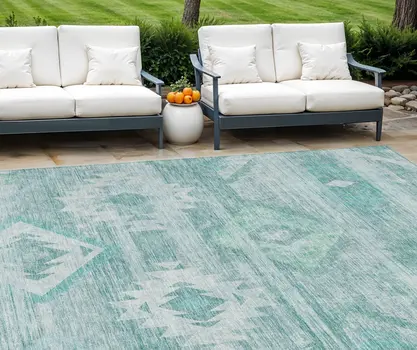 8' X 10' Aqua Turquoise And Ivory Southwestern Washable Indoor Outdoor Area Rug