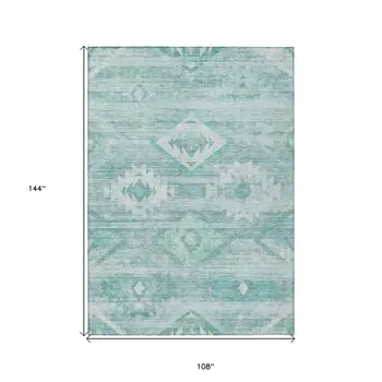 9' X 12' Aqua Turquoise And Ivory Southwestern Washable Indoor Outdoor Area Rug