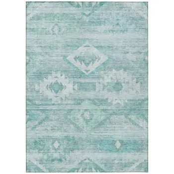 9' X 12' Aqua Turquoise And Ivory Southwestern Washable Indoor Outdoor Area Rug
