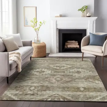 9' X 12' Brown Beige And Tan Southwestern Washable Indoor Outdoor Area Rug
