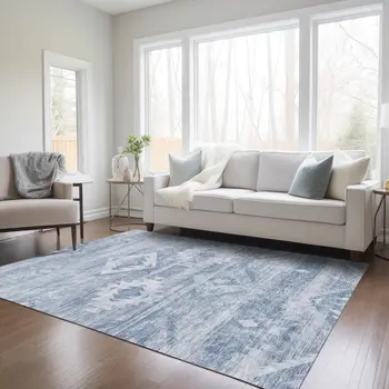 3' X 5' Denim Blue And Sky Blue Southwestern Washable Indoor Outdoor Area Rug