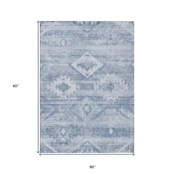 5' X 8' Denim Blue And Sky Blue Southwestern Washable Indoor Outdoor Area Rug