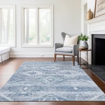 5' X 8' Denim Blue And Sky Blue Southwestern Washable Indoor Outdoor Area Rug