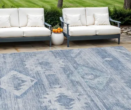 8' X 10' Denim Blue And Sky Blue Southwestern Washable Indoor Outdoor Area Rug