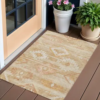 3' X 5' Copper Terra Cotta And Ivory Southwestern Washable Indoor Outdoor Area Rug
