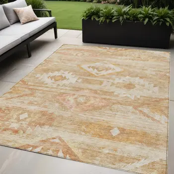 5' X 8' Copper Terra Cotta And Ivory Southwestern Washable Indoor Outdoor Area Rug