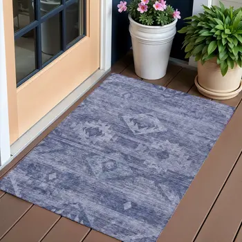 3' X 5' Navy Blue And Denim Blue Southwestern Washable Indoor Outdoor Area Rug