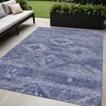 5' X 8' Navy Blue And Denim Blue Southwestern Washable Indoor Outdoor Area Rug