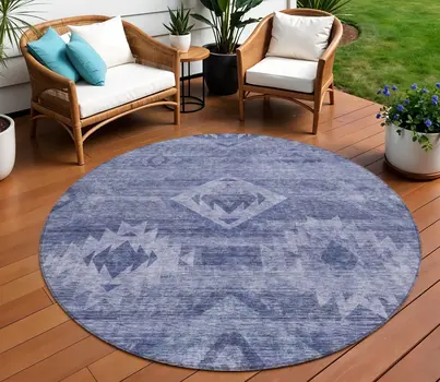 8' Navy Blue And Denim Blue Round Southwestern Washable Indoor Outdoor Area Rug