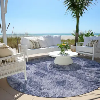 8' Navy Blue And Denim Blue Round Southwestern Washable Indoor Outdoor Area Rug