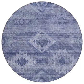 8' Navy Blue And Denim Blue Round Southwestern Washable Indoor Outdoor Area Rug