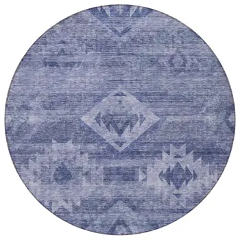 8' Navy Blue And Denim Blue Round Southwestern Washable Indoor Outdoor Area Rug