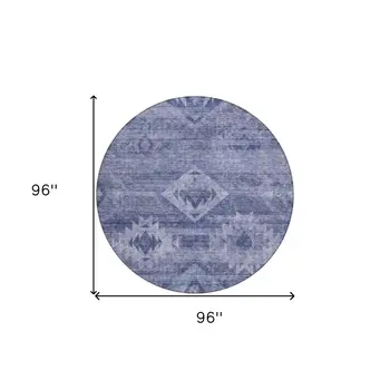 8' Navy Blue And Denim Blue Round Southwestern Washable Indoor Outdoor Area Rug