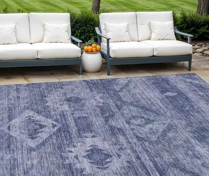 9' X 12' Navy Blue And Denim Blue Southwestern Washable Indoor Outdoor Area Rug