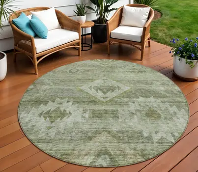 8' Olive Green And Fern Green Round Southwestern Washable Indoor Outdoor Area Rug