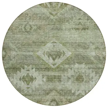 8' Olive Green And Fern Green Round Southwestern Washable Indoor Outdoor Area Rug