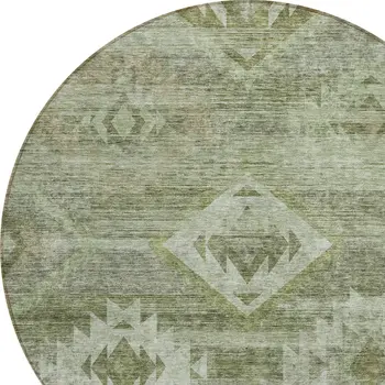8' Olive Green And Fern Green Round Southwestern Washable Indoor Outdoor Area Rug