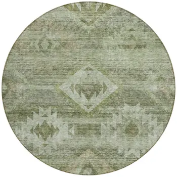 8' Olive Green And Fern Green Round Southwestern Washable Indoor Outdoor Area Rug