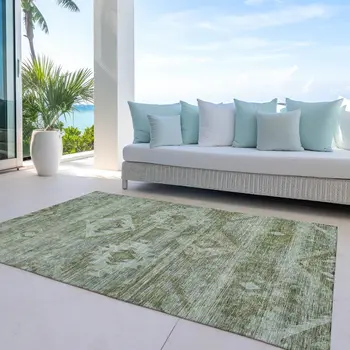 10' X 14' Olive Green And Fern Green Southwestern Washable Indoor Outdoor Area Rug