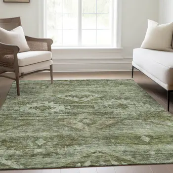 10' X 14' Olive Green And Fern Green Southwestern Washable Indoor Outdoor Area Rug