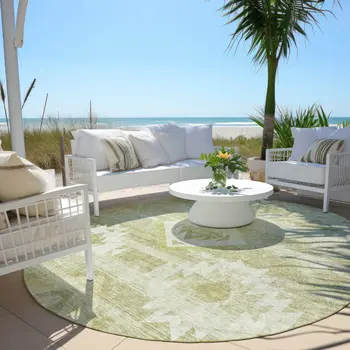 8' Sage Artichoke Green And Mint Green Round Southwestern Washable Indoor Outdoor Area Rug