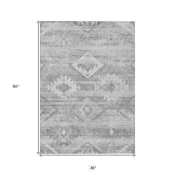 3' X 5' Silver Gray And Charcoal Southwestern Washable Indoor Outdoor Area Rug