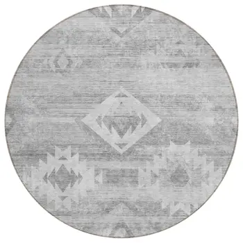 8' Silver Gray And Charcoal Round Southwestern Washable Indoor Outdoor Area Rug