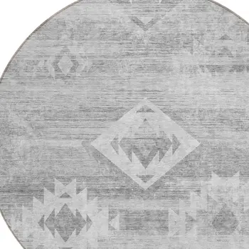 8' Silver Gray And Charcoal Round Southwestern Washable Indoor Outdoor Area Rug