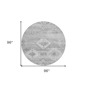 8' Silver Gray And Charcoal Round Southwestern Washable Indoor Outdoor Area Rug