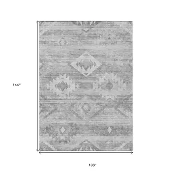 9' X 12' Silver Gray And Charcoal Southwestern Washable Indoor Outdoor Area Rug