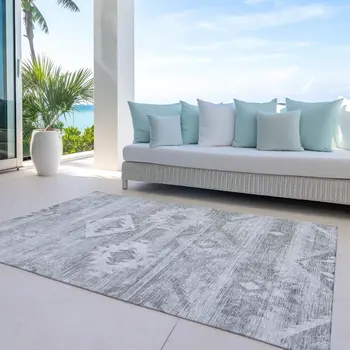 9' X 12' Silver Gray And Charcoal Southwestern Washable Indoor Outdoor Area Rug