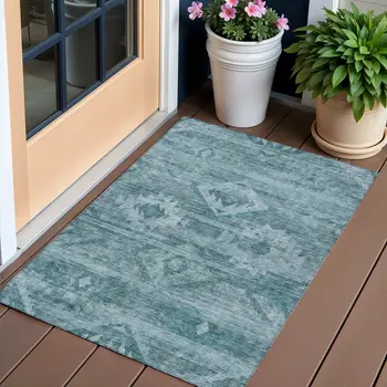 3' X 5' Teal Blue And Aqua Southwestern Washable Indoor Outdoor Area Rug