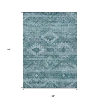 5' X 8' Teal Blue And Aqua Southwestern Washable Indoor Outdoor Area Rug