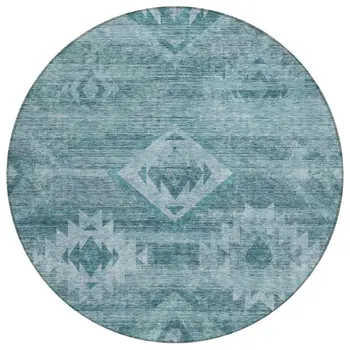 8' Teal Blue And Aqua Round Southwestern Washable Indoor Outdoor Area Rug