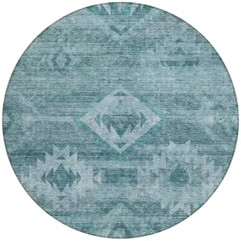 8' Teal Blue And Aqua Round Southwestern Washable Indoor Outdoor Area Rug