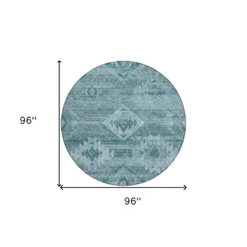 8' Teal Blue And Aqua Round Southwestern Washable Indoor Outdoor Area Rug