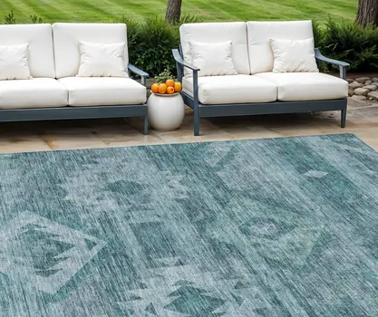 8' X 10' Teal Blue And Aqua Southwestern Washable Indoor Outdoor Area Rug