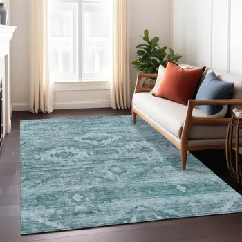10' X 14' Teal Blue And Aqua Southwestern Washable Indoor Outdoor Area Rug