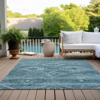 10' X 14' Teal Blue And Aqua Southwestern Washable Indoor Outdoor Area Rug