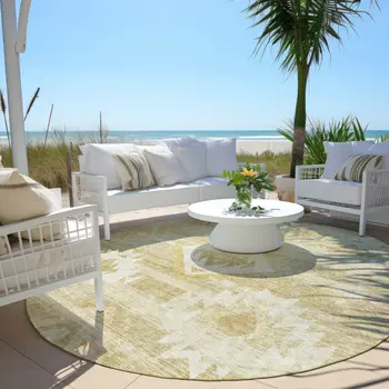 8' Wheat Gold And Beige Round Southwestern Washable Indoor Outdoor Area Rug