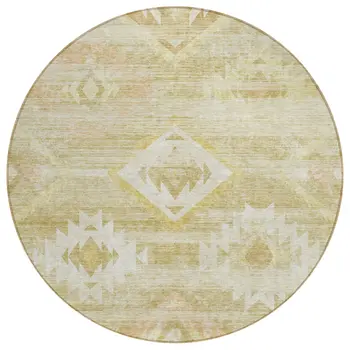 8' Wheat Gold And Beige Round Southwestern Washable Indoor Outdoor Area Rug
