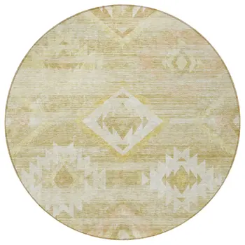 8' Wheat Gold And Beige Round Southwestern Washable Indoor Outdoor Area Rug