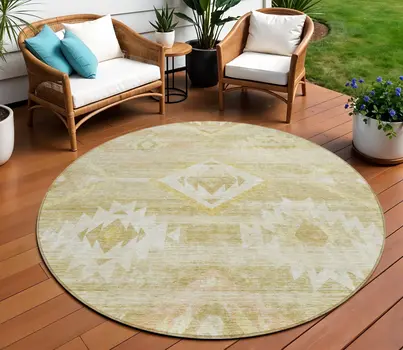 8' Wheat Gold And Beige Round Southwestern Washable Indoor Outdoor Area Rug
