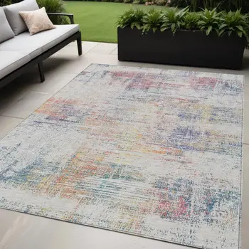 5' X 8' Ivory Orange And Blush Abstract Washable Indoor Outdoor Area Rug